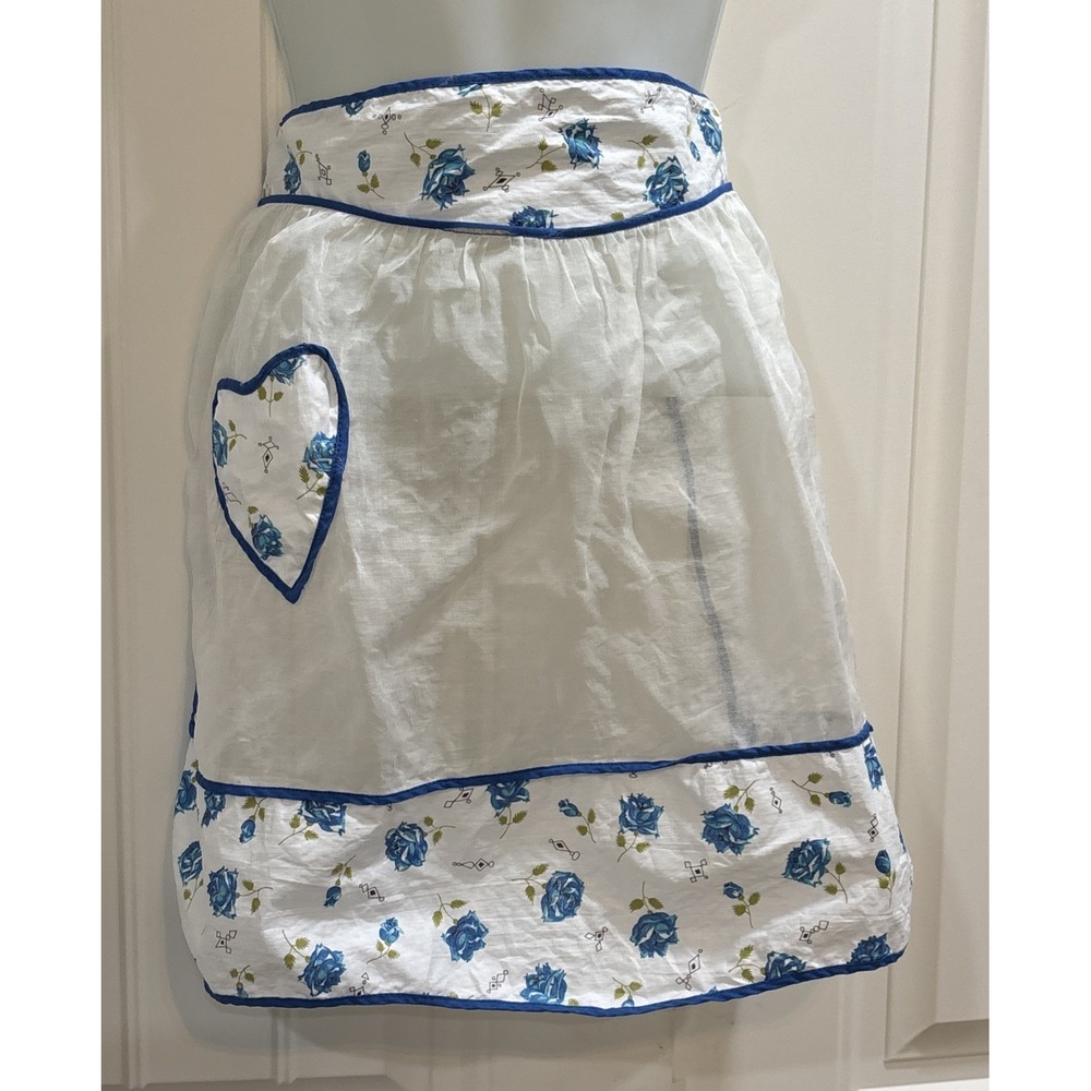 Vintage Half Hostess Sheer White Blue Floral Pattern Pocket Apron Sexy Maid